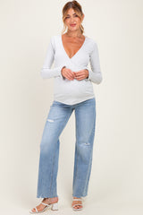 Light Blue Distressed Fringe Hem Wide Leg Maternity Jeans