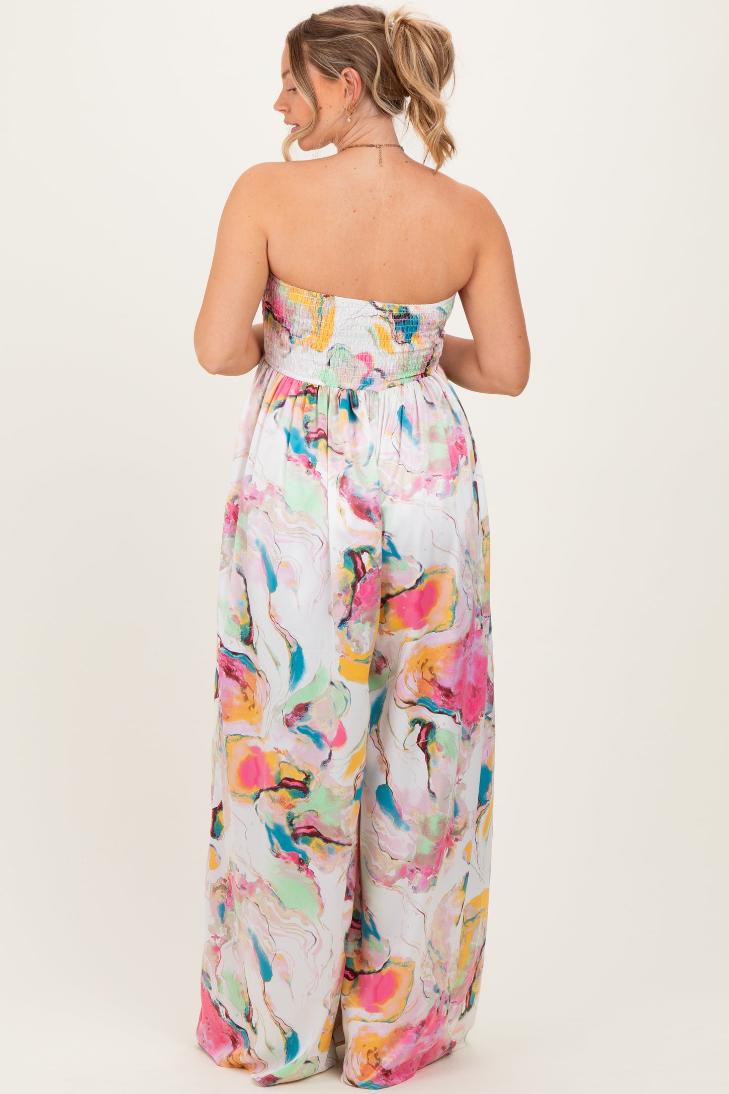 Multi Butter Satin Marble Print Smocked Tube Wide Leg Maternity Jumpsuit