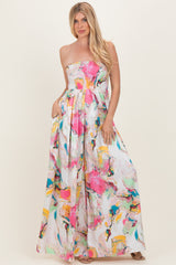 Multi Butter Satin Marble Print Smocked Tube Wide Leg Jumpsuit