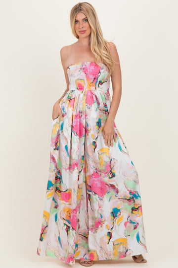 Multi Butter Satin Marble Print Smocked Tube Wide Leg Jumpsuit