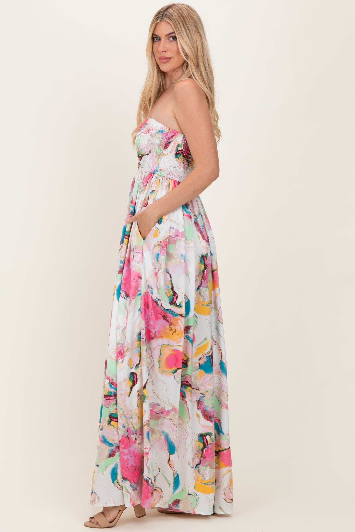 Multi Butter Satin Marble Print Smocked Tube Wide Leg Jumpsuit