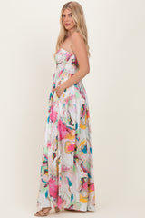 Multi Butter Satin Marble Print Smocked Tube Wide Leg Jumpsuit
