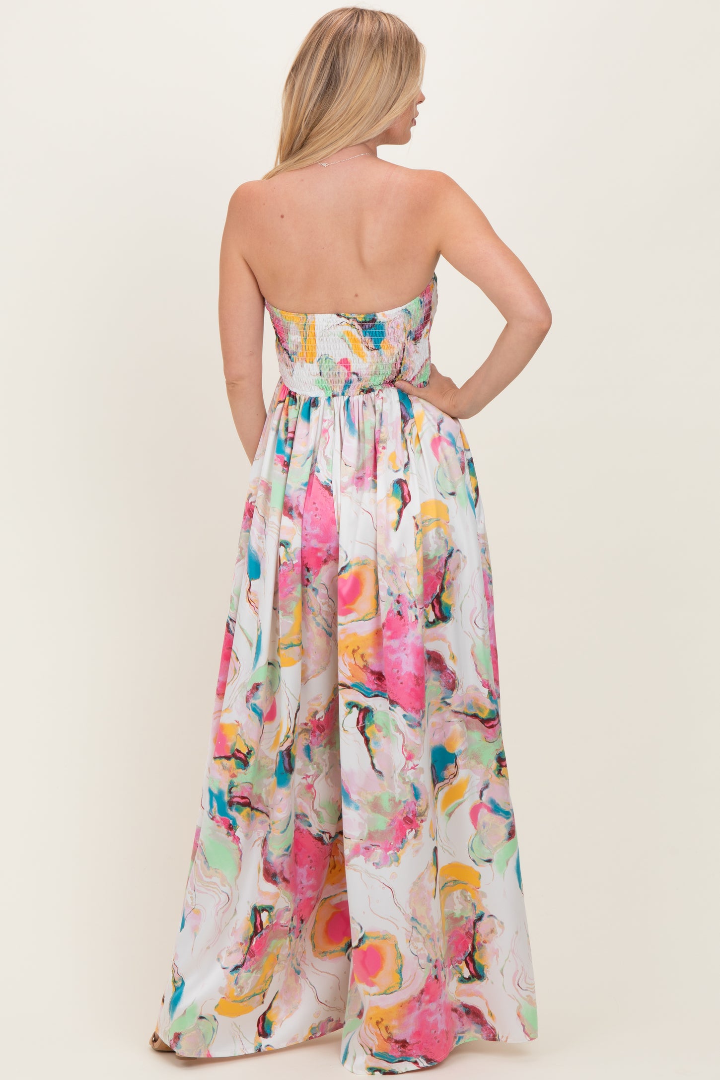 Multi Butter Satin Marble Print Smocked Tube Wide Leg Jumpsuit