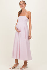 Light Pink Linen A-Line Flared Maternity Midi Dress