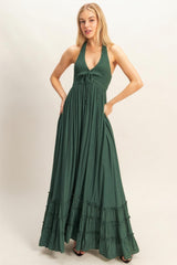 Hunter Green Halter Neck Smocked Maternity Maxi Dress