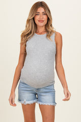 Light Blue Fringe Hem Side Slit Maternity Denim Shorts