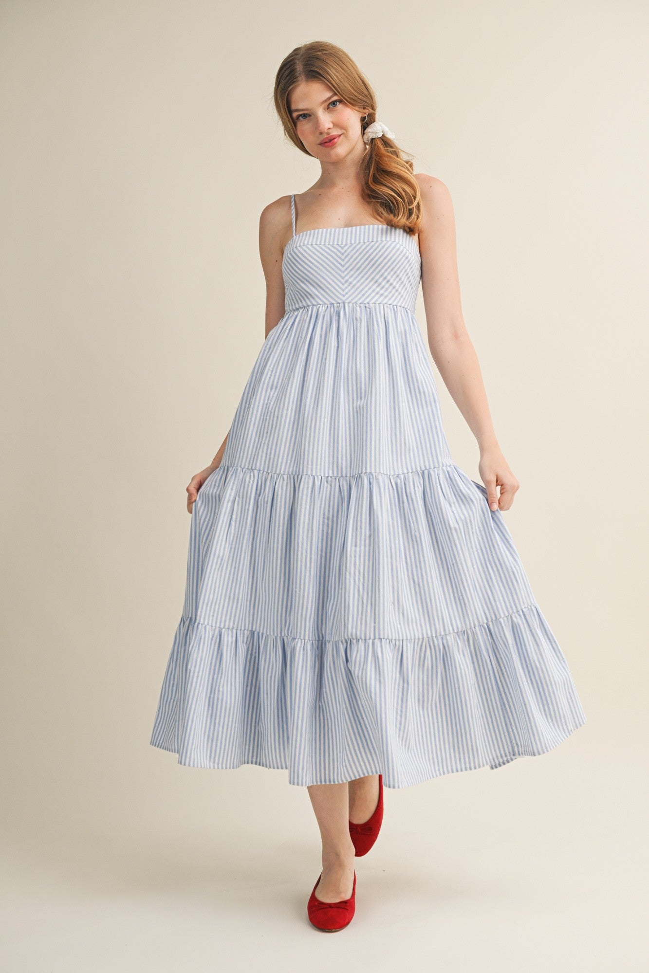 Light Blue Diagonal Stripe Front Tier Dress