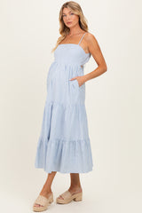 Light Blue Diagonal Stripe Front Tier Maternity Dress