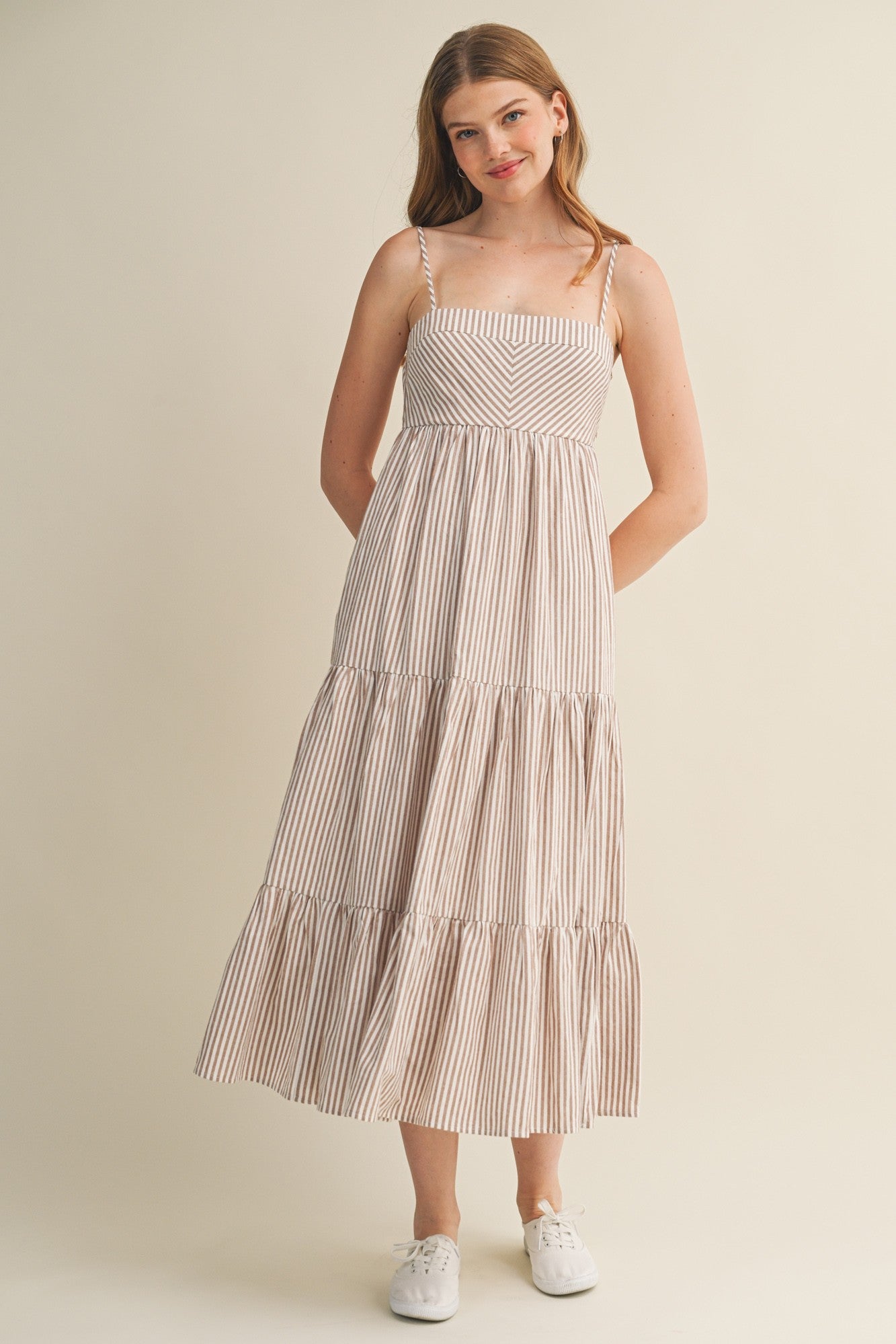 Light Taupe Diagonal Stripe Front Tier Dress