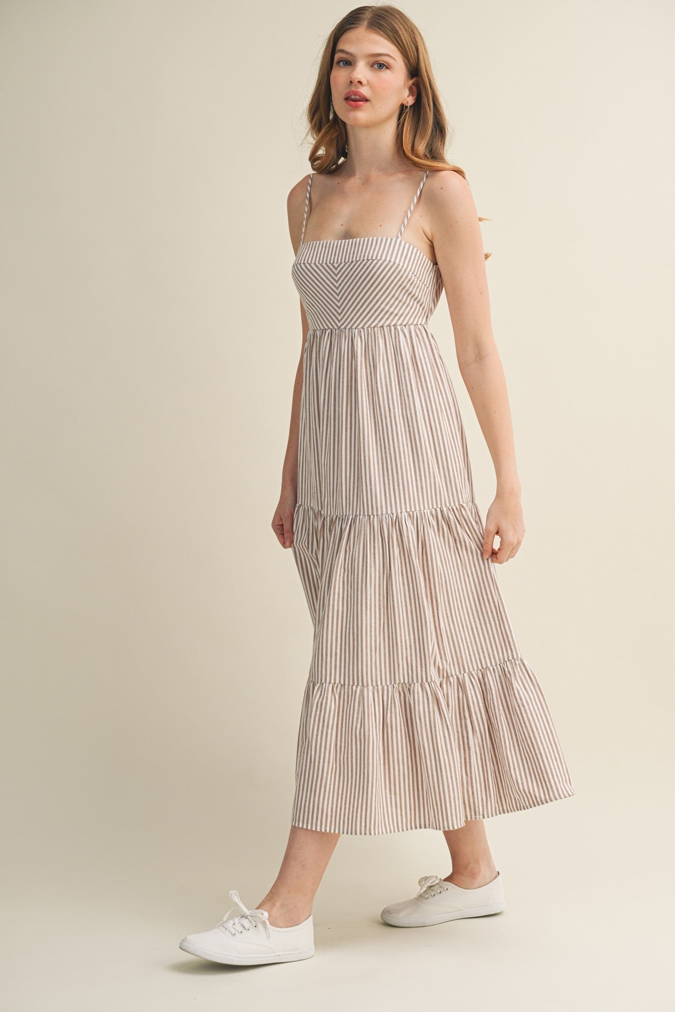 Light Taupe Diagonal Stripe Front Tier Dress