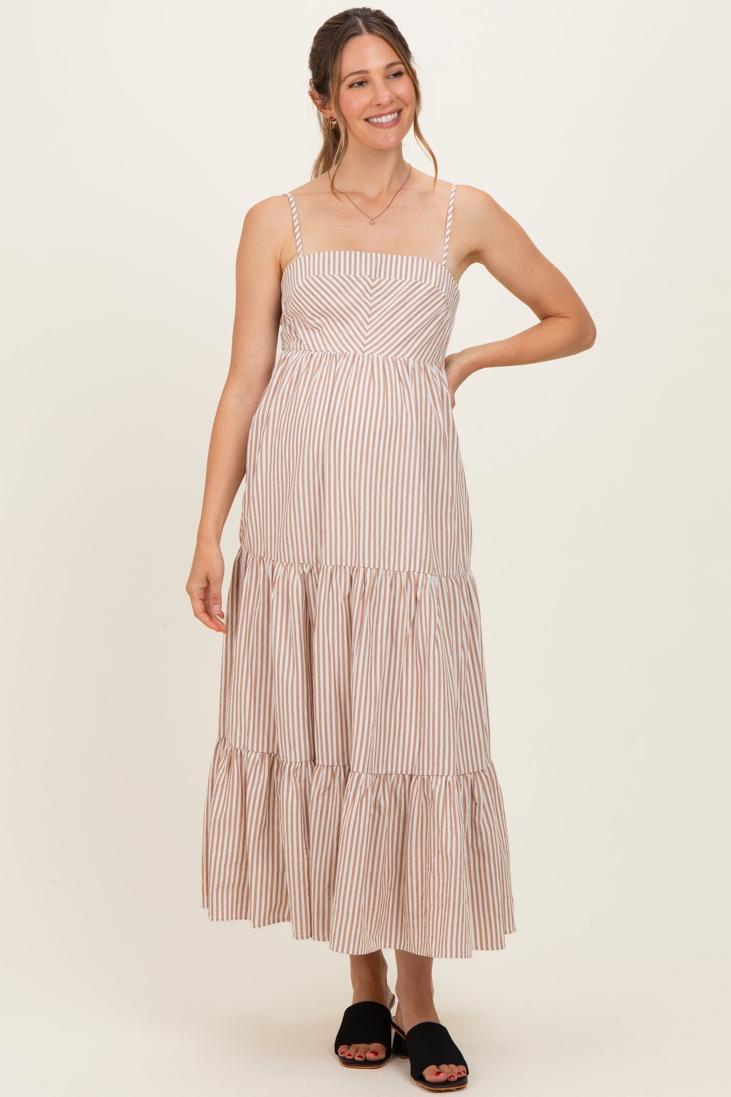 Light Taupe Diagonal Stripe Front Tier Maternity Dress