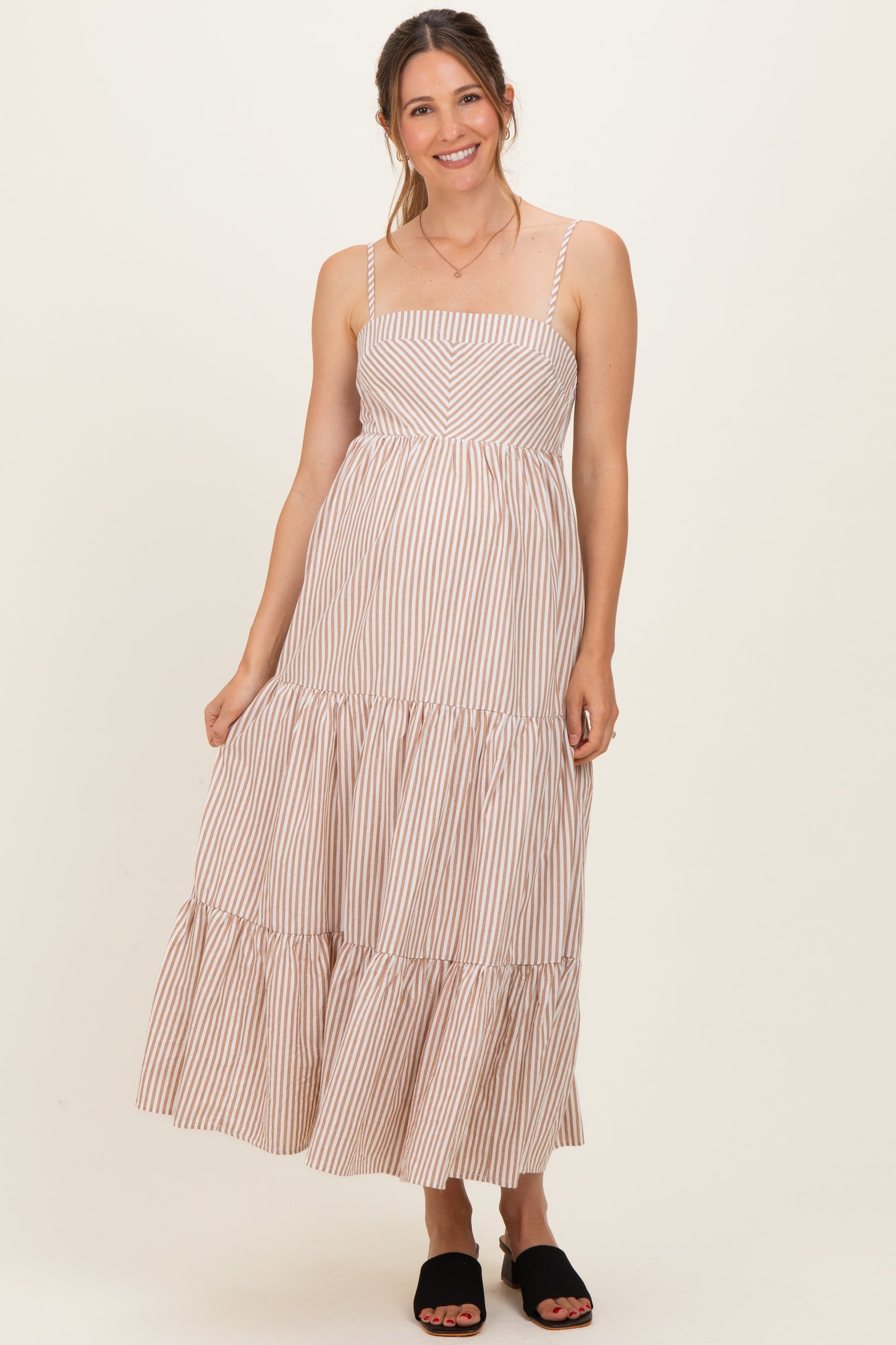 Light Taupe Diagonal Stripe Front Tier Maternity Dress
