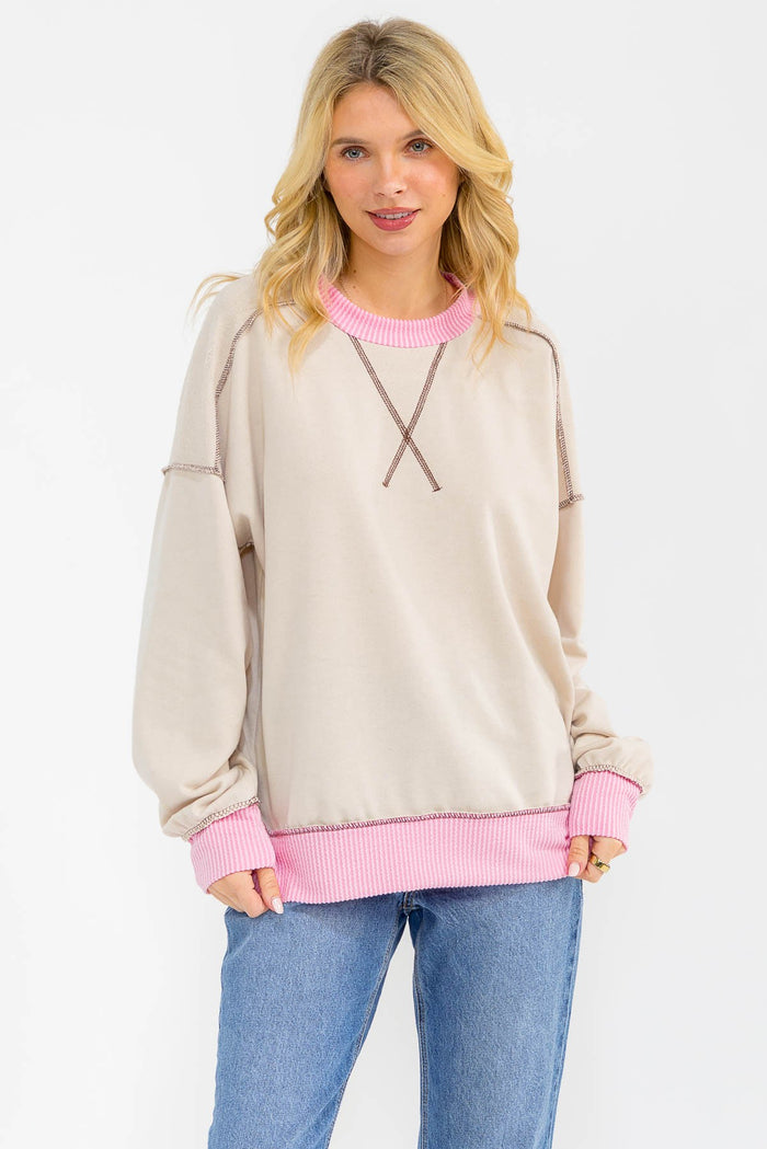 Cream Contrast Band Exposed Seam Pullover