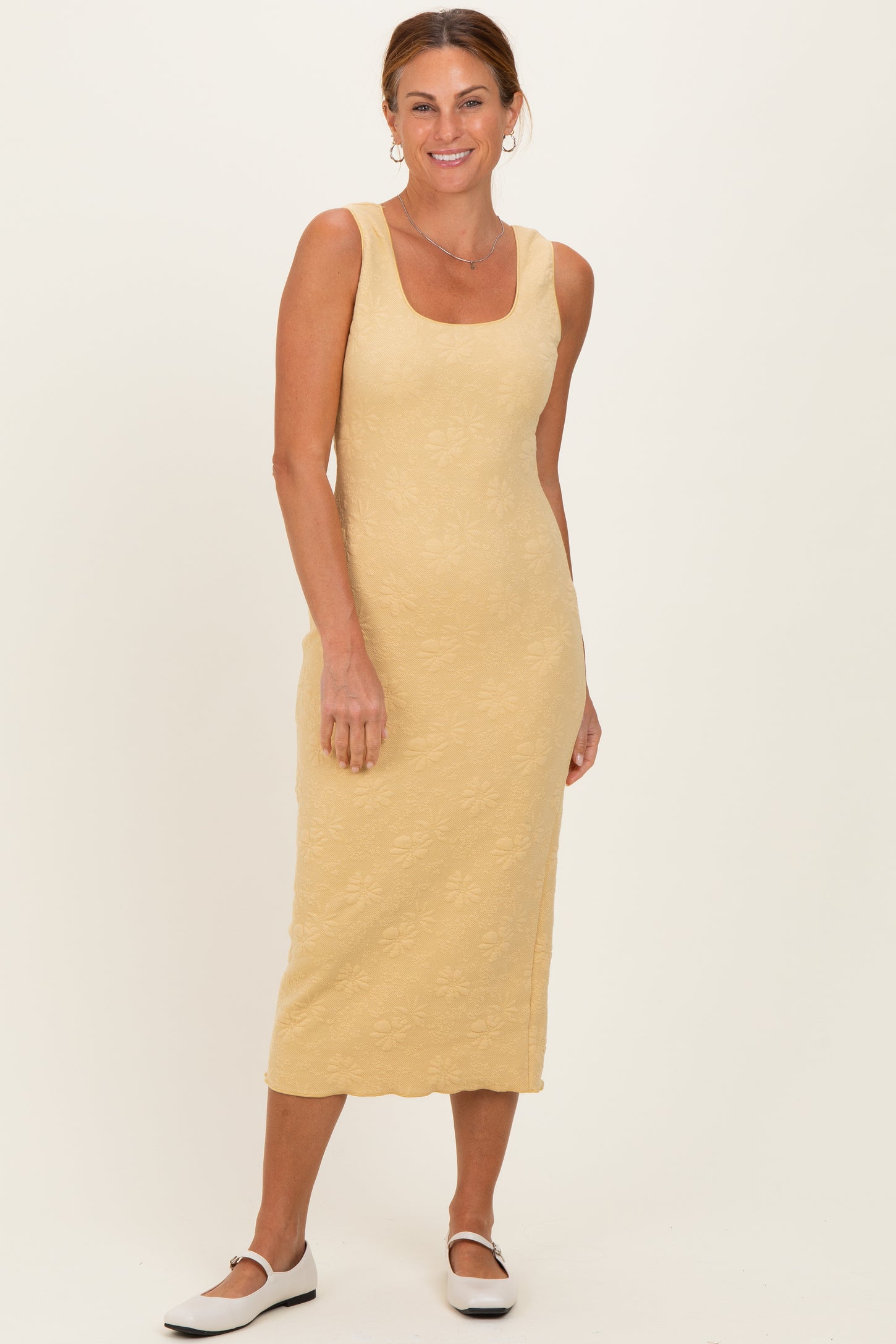 Yellow Sleek Floral Jacquard Bodycon Midi Dress