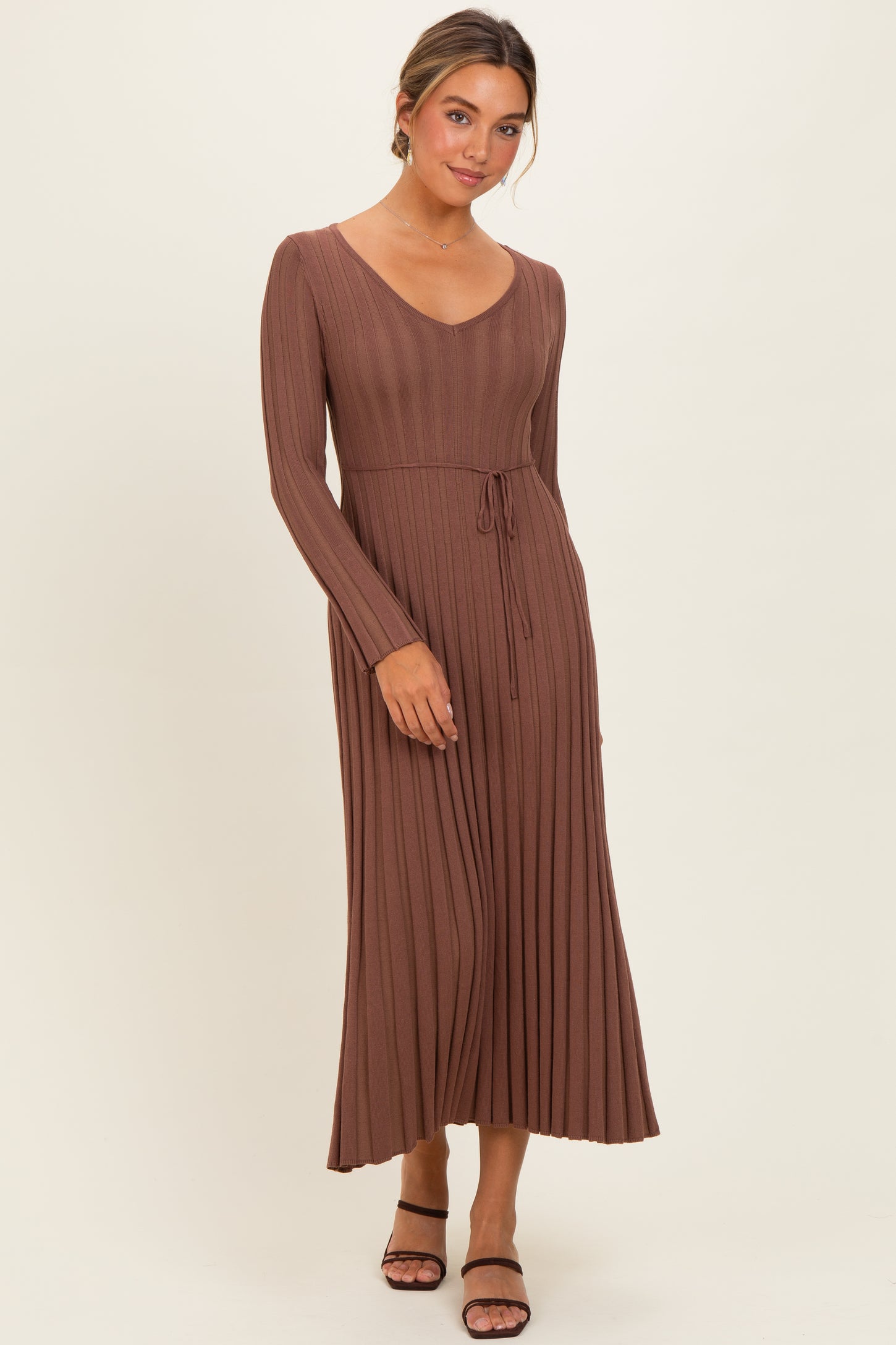 Brown Ribbed Maternity Knit Maxi Dress