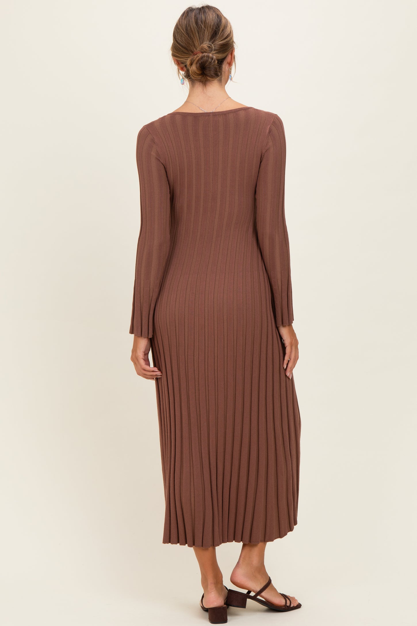 Brown Ribbed Knit Maxi Dress