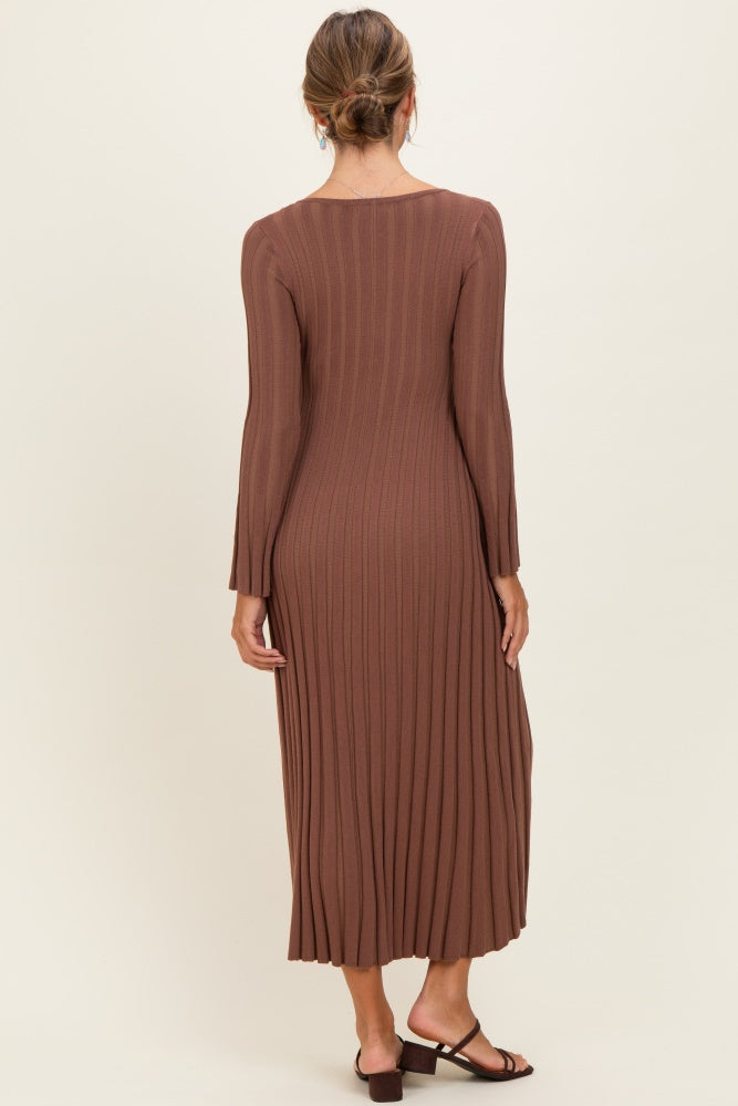 Brown Ribbed Knit Maxi Dress