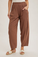 Cocoa Linen Blend Barrel Leg Pants