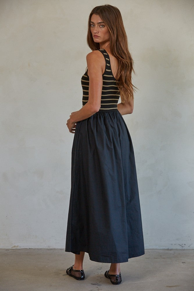 Black Striped Contrast Knit Sleeveless Maxi