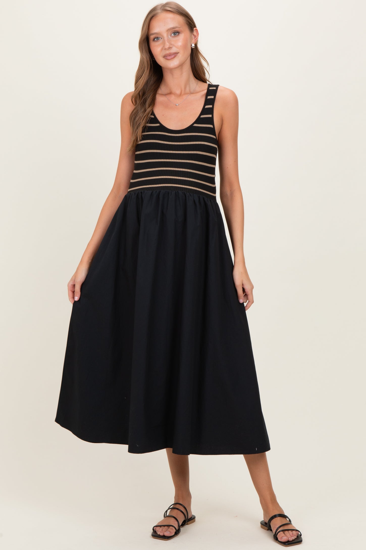 Black Striped Contrast Knit Sleeveless Maternity Maxi