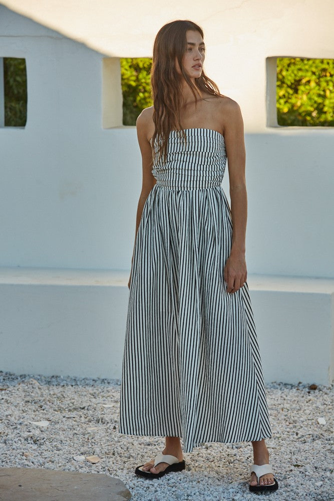 Off White Striped Strapless Maxi Dress