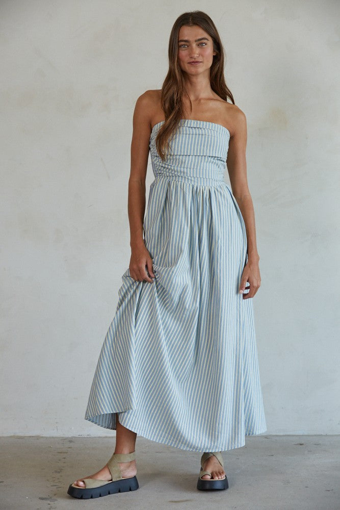 Light Blue Striped Strapless Maxi Dress