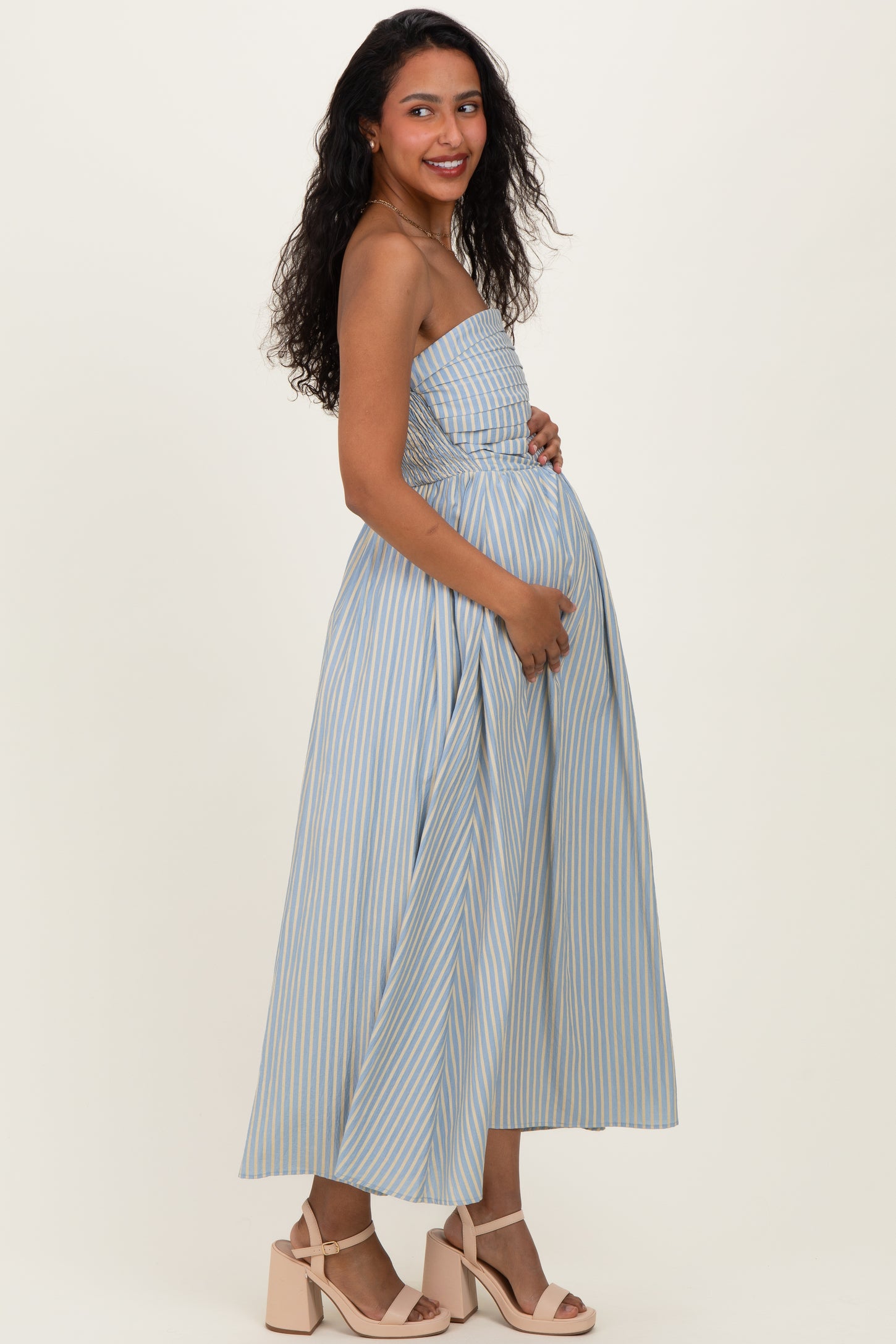 Light Blue Striped Strapless Maternity Maxi Dress