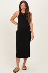 Black Ribbed Maternity Tank Midi Dress