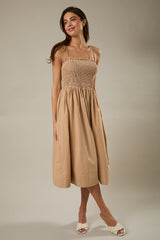 Light Taupe Shoulder Tie Smocked Midi Dress
