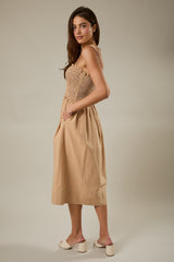 Light Taupe Shoulder Tie Smocked Midi Dress