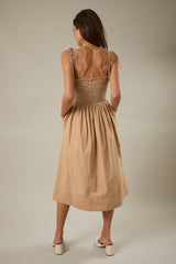 Light Taupe Shoulder Tie Smocked Midi Dress