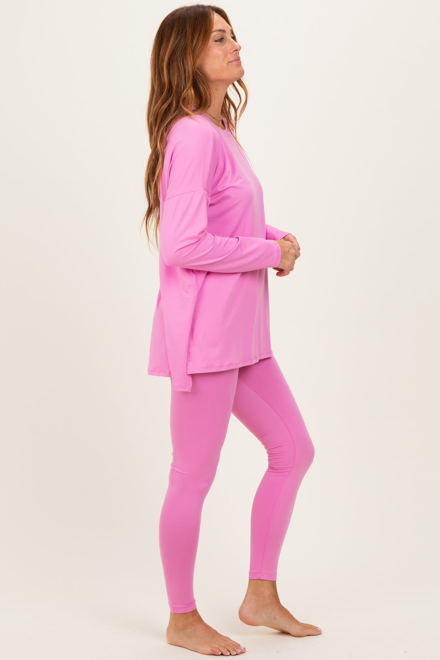 Pink Brushed Knit Oversized Top and Legging Set