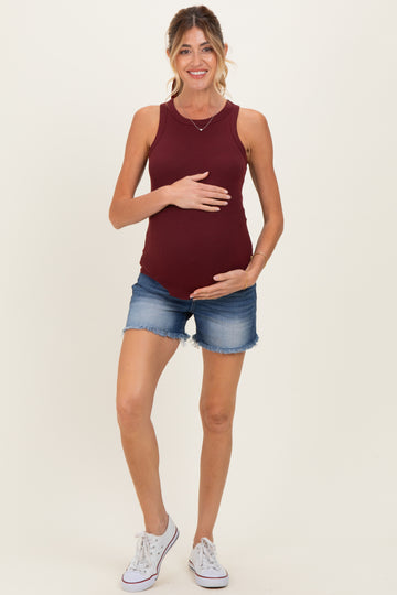 Navy Dark Wash Frayed Hem Maternity Denim Shorts