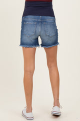 Navy Dark Wash Frayed Hem Maternity Denim Shorts