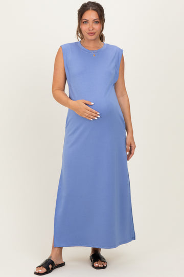 Light Blue Sleeveless Side Slit Maternity Midi Dress