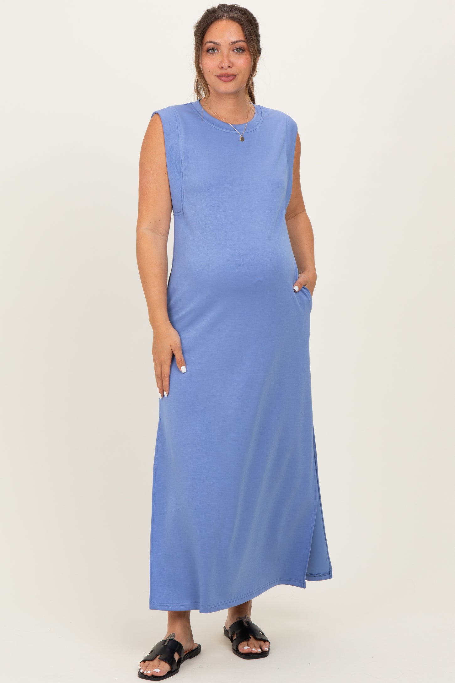 Light Blue Sleeveless Side Slit Maternity Midi Dress