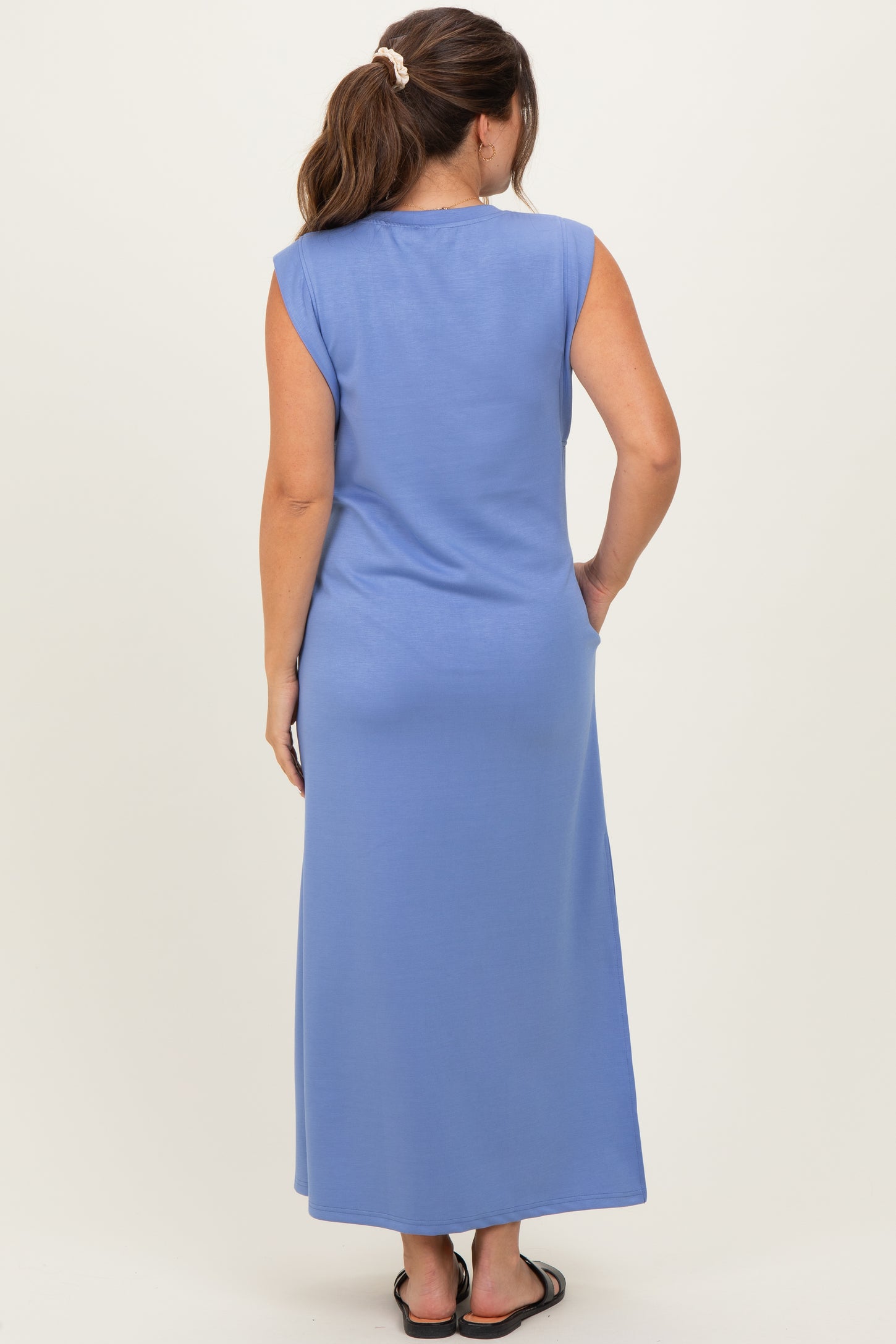 Light Blue Sleeveless Side Slit Maternity Midi Dress