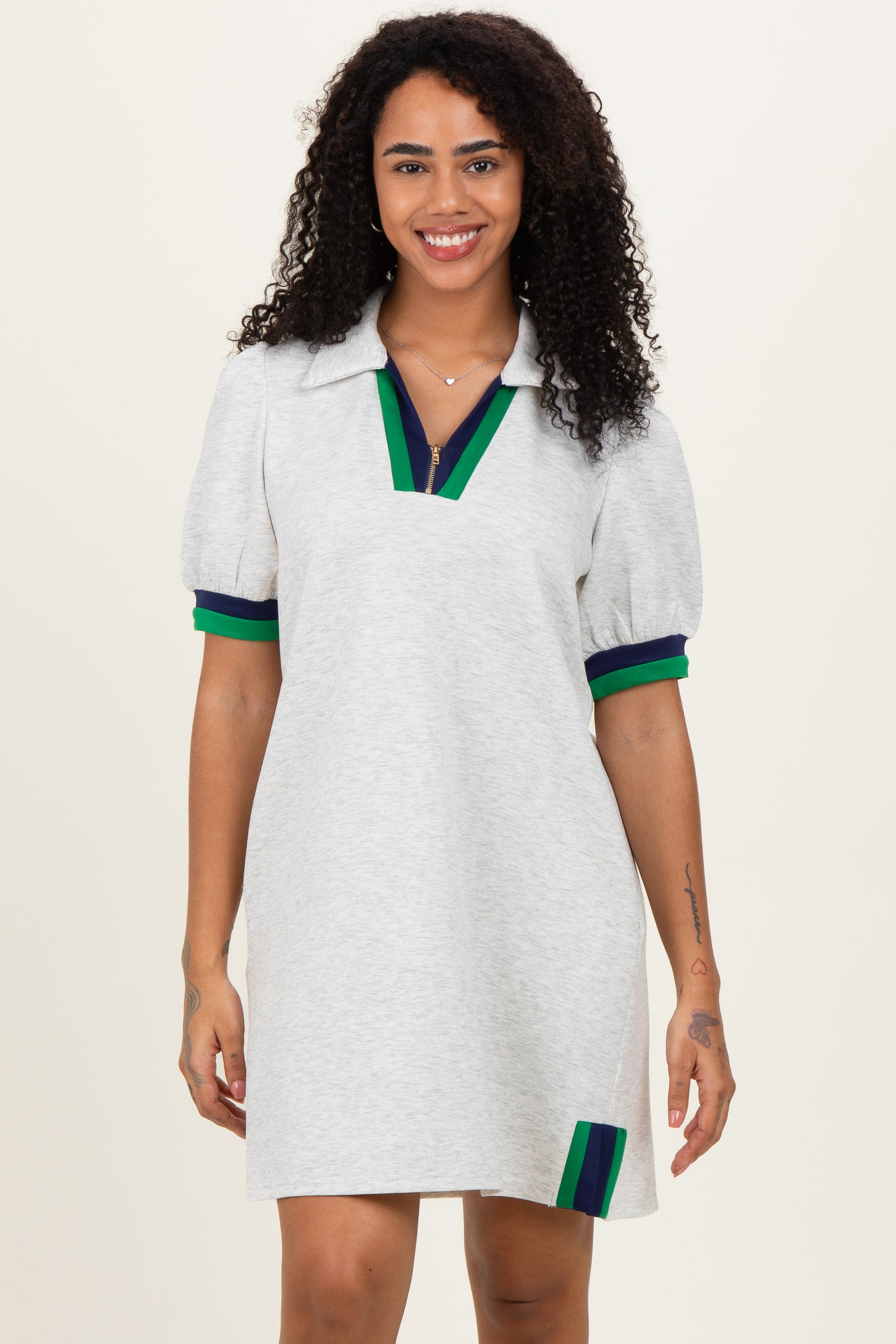 Heather Grey Color Block Zip Front Shift Dress