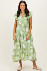 Sage Floral Crochet Lace Accent Maternity Midi Dress