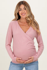 Mauve Brushed Knit Wrap Front Maternity Top