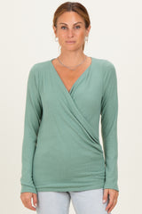 Green Brushed Knit Wrap Front Top