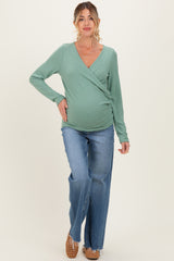 Green Brushed Knit Wrap Front Maternity Top