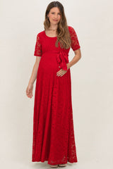 Red Lace Sash Tie Maternity Gown