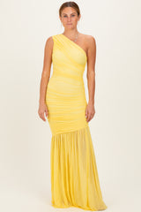 Lemon Ruched Mesh One Shoulder Maternity Maxi Dress