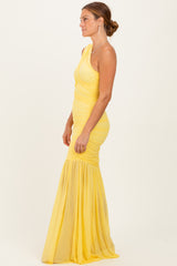 Lemon Ruched Mesh One Shoulder Maxi Dress