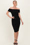 Black Ruched Mesh Off Shoulder Midi Dress