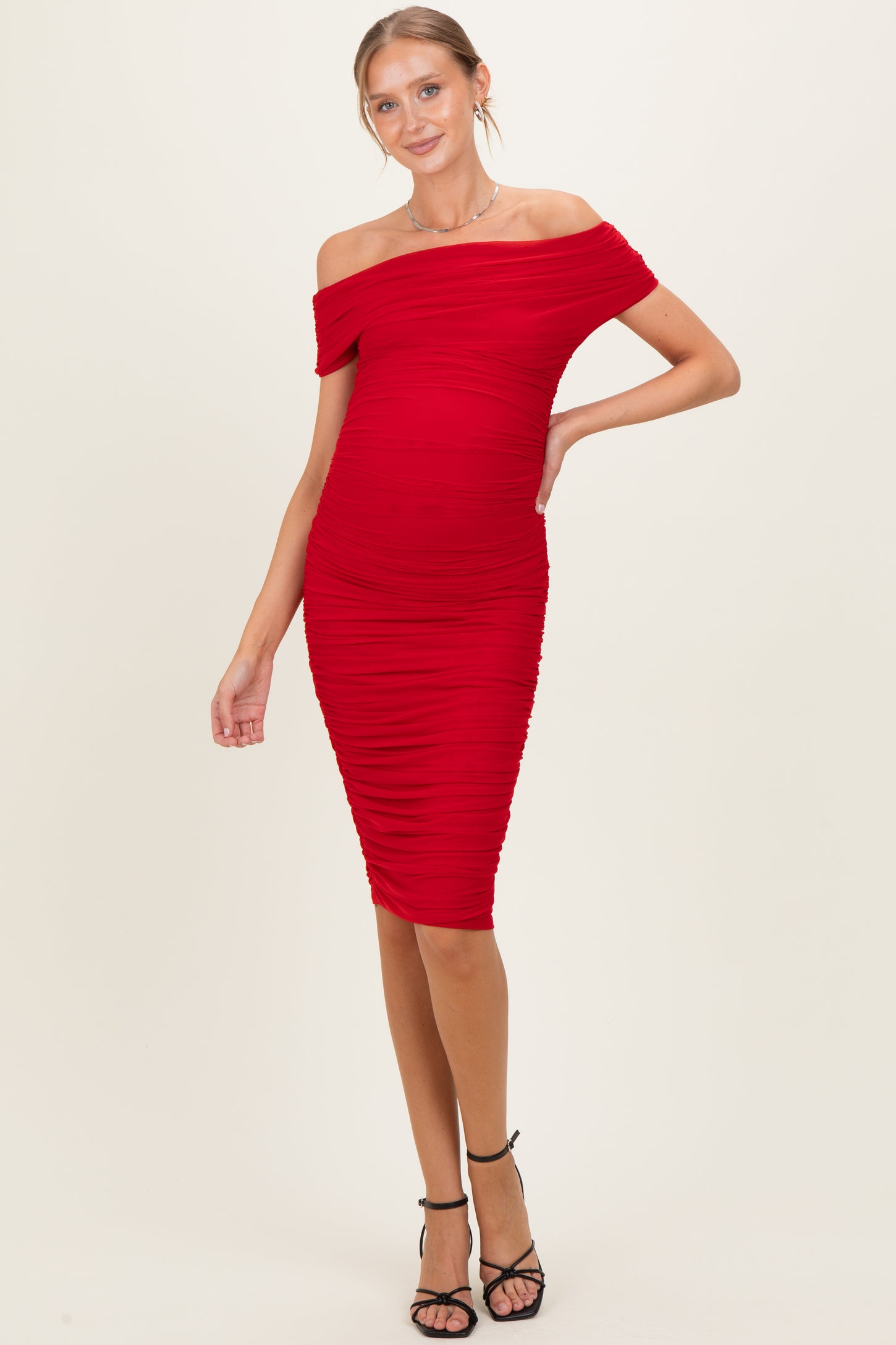 Red Ruched Mesh Off Shoulder Maternity Midi Dress