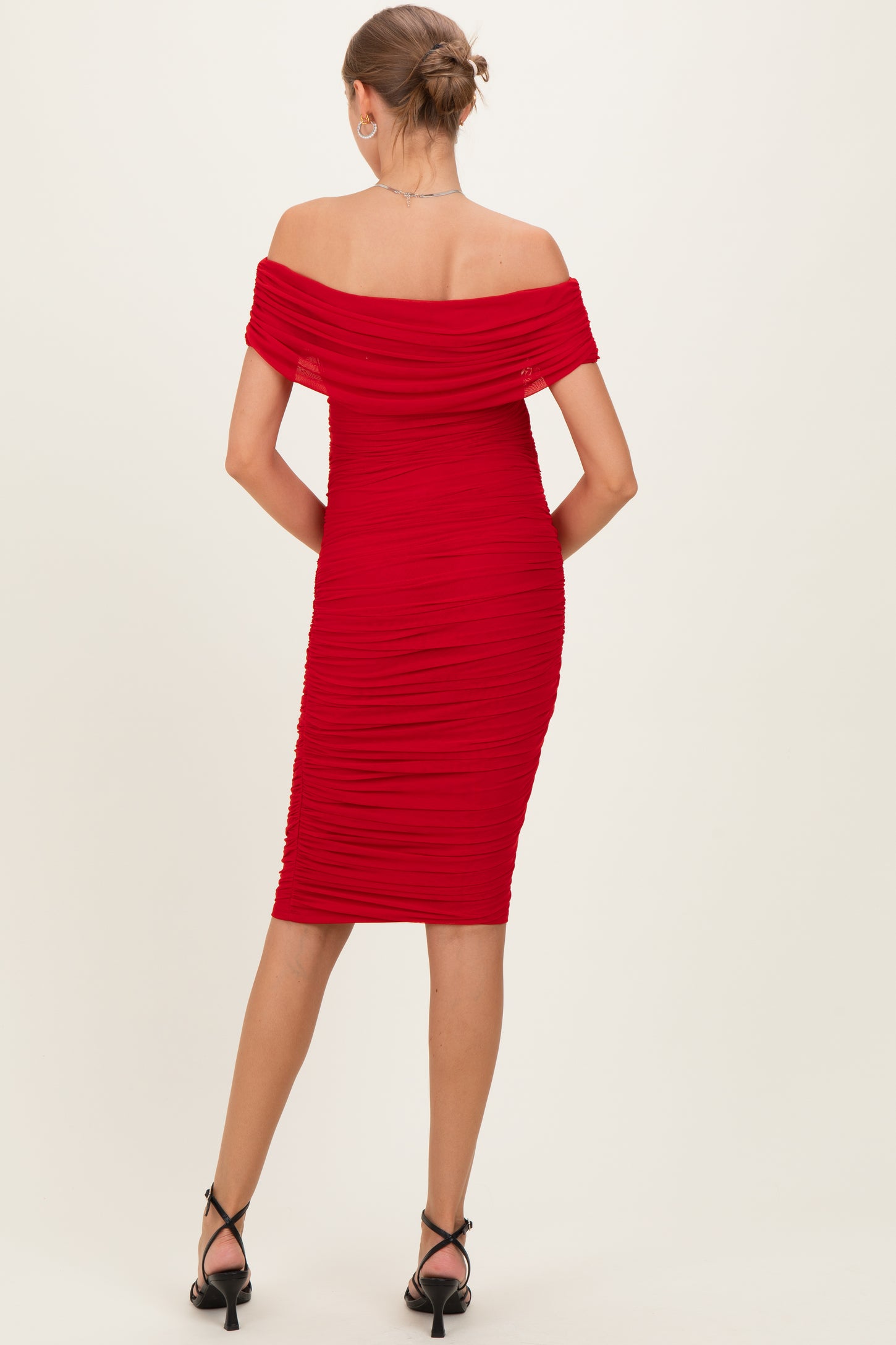 Red Ruched Mesh Off Shoulder Maternity Midi Dress