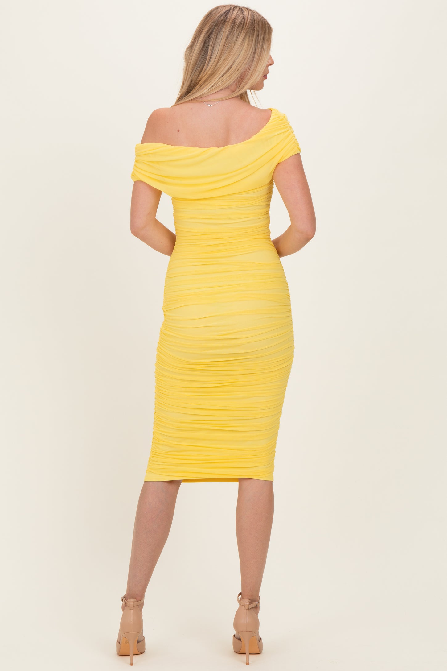 Lemon Ruched Mesh Off Shoulder Midi Dress