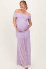 Lavender Ruched Mesh Off Shoulder Maternity Maxi Dress